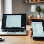 Scrivania con laptop e smartphone che mostrano un assistente di intelligenza artificiale mentre pianifica attività