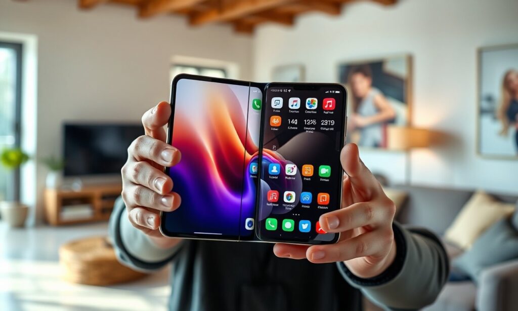 Persona che usa uno smartphone pieghevole aperto con due app affiancate sullo schermo interno