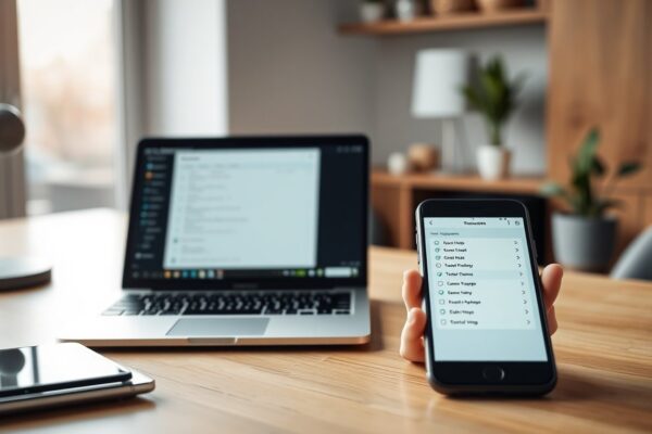 Scrivania con laptop e smartphone che mostrano un assistente di intelligenza artificiale mentre pianifica attività