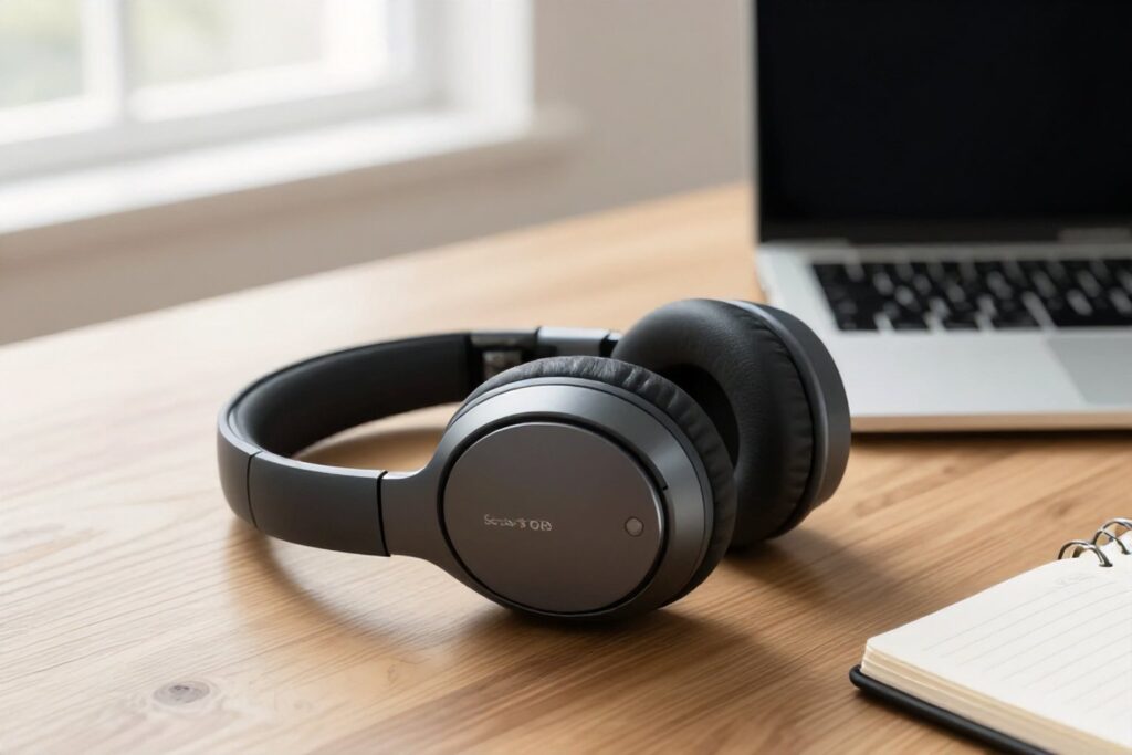 Cuffie bluetooth over-ear con cancellazione del rumore appoggiate su una scrivania accanto a un laptop