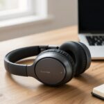 Cuffie bluetooth over-ear con cancellazione del rumore appoggiate su una scrivania accanto a un laptop