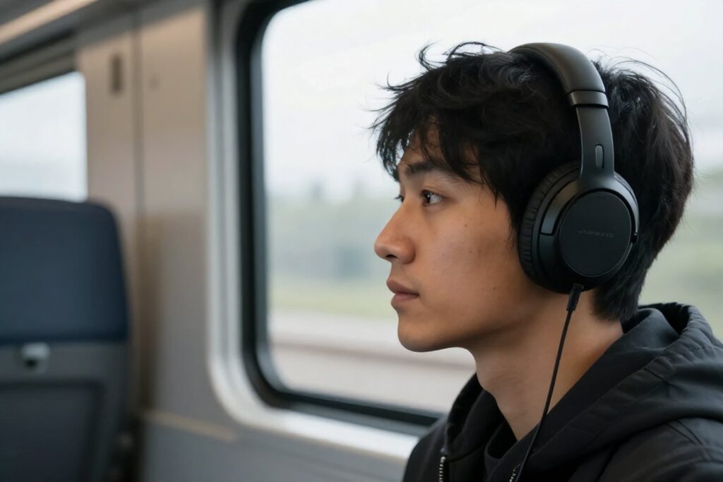 Persona che usa cuffie con cancellazione del rumore durante un viaggio in treno