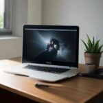 Scrivania con laptop che mostra un editor di foto gratuito durante il ritocco di un ritratto