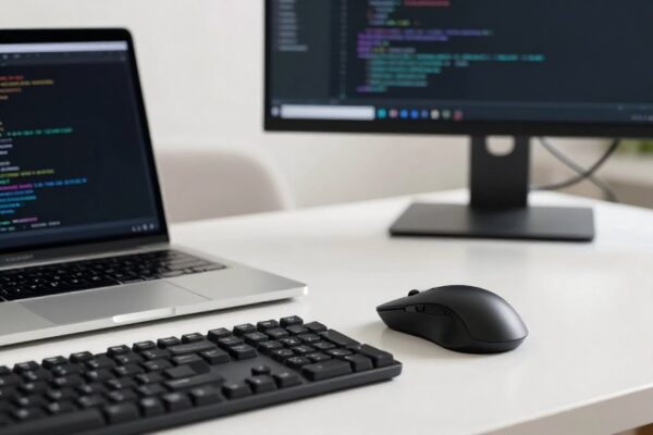 Scrivania di lavoro con laptop, monitor, tastiera e mouse ergonomico per testare dispositivi con intelligenza artificiale