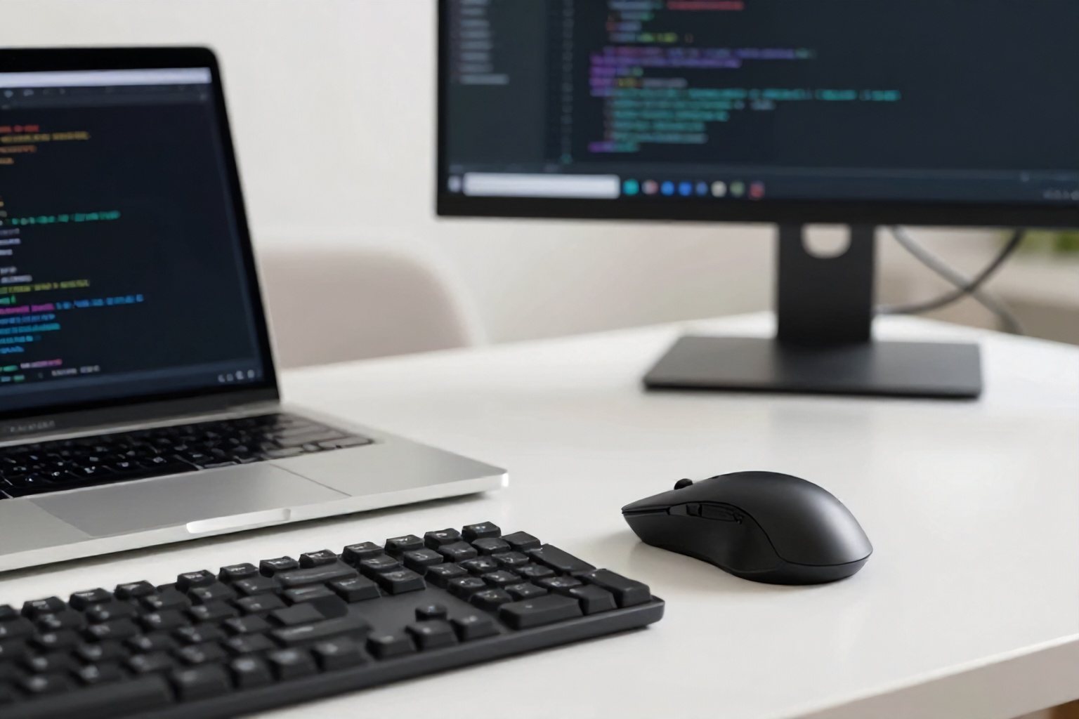 Scrivania di lavoro con laptop, monitor, tastiera e mouse ergonomico per testare dispositivi con intelligenza artificiale