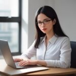 Persona che indossa smart glass dalla montatura sottile mentre lavora alla scrivania