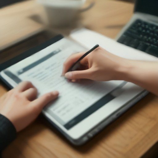 Mani che scrivono appunti digitali su tastiera e tablet in uno studio domestico