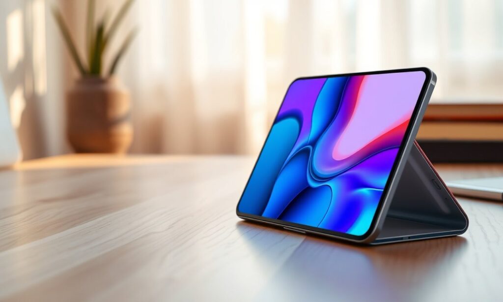 Smartphone pieghevole sottile semiaperto su una scrivania chiara