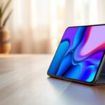 Smartphone pieghevole sottile semiaperto su una scrivania chiara