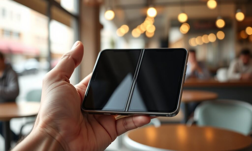 Persona che tiene in una mano uno smartphone pieghevole aperto