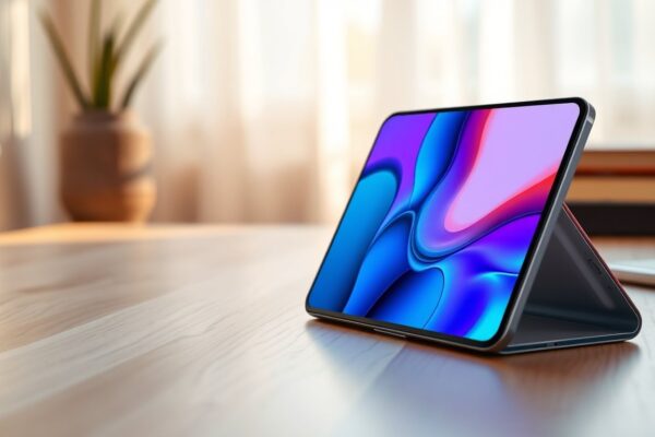 Smartphone pieghevole sottile semiaperto su una scrivania chiara